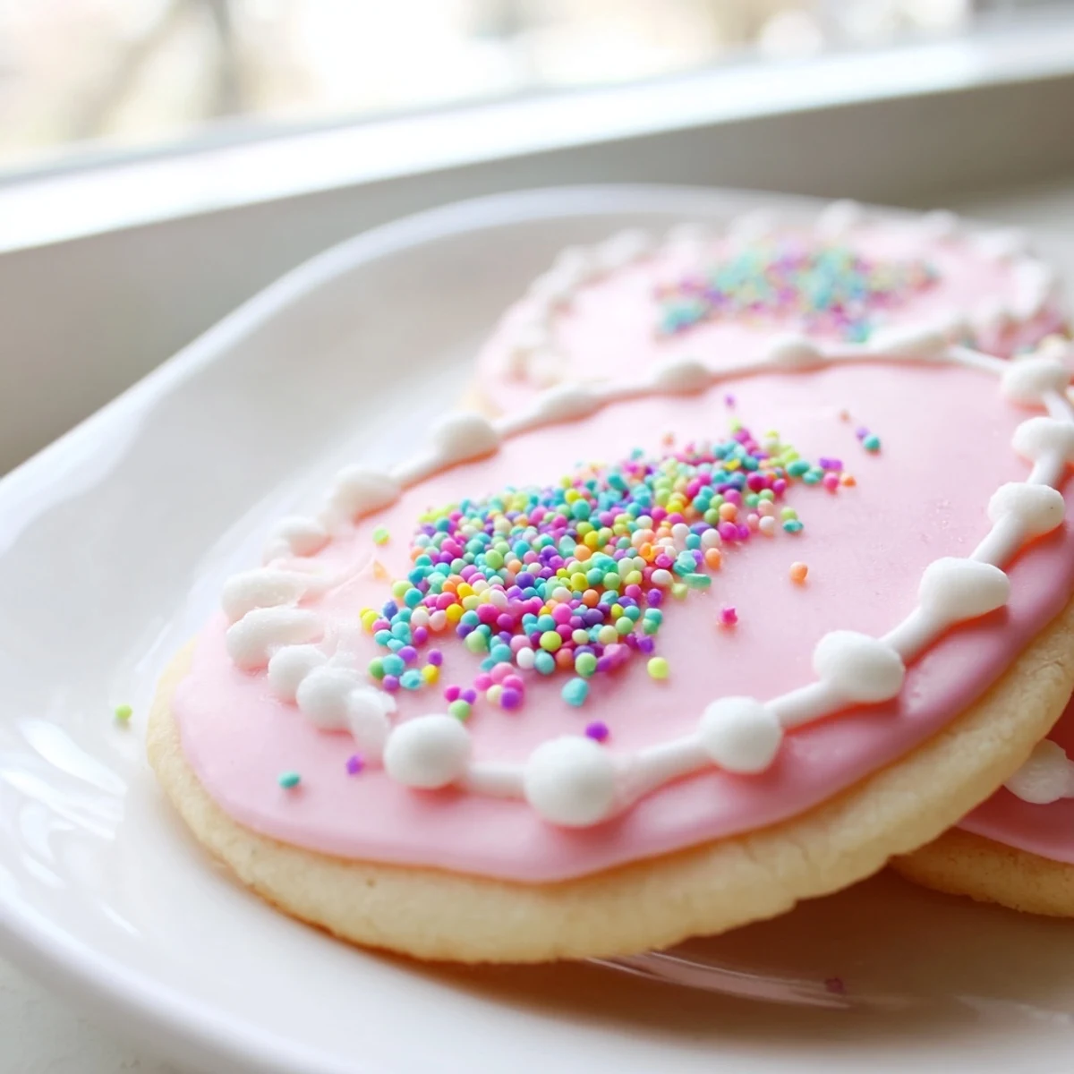 Buttery Spring Easter Cookies shaped like bunnies and eggs on a festive baking sheet