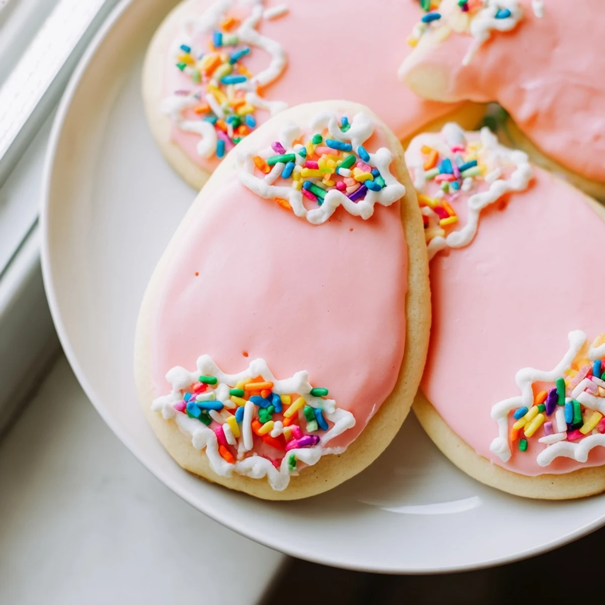 Freshly baked Spring Easter Cookies decorated with pink yellow and green royal icing