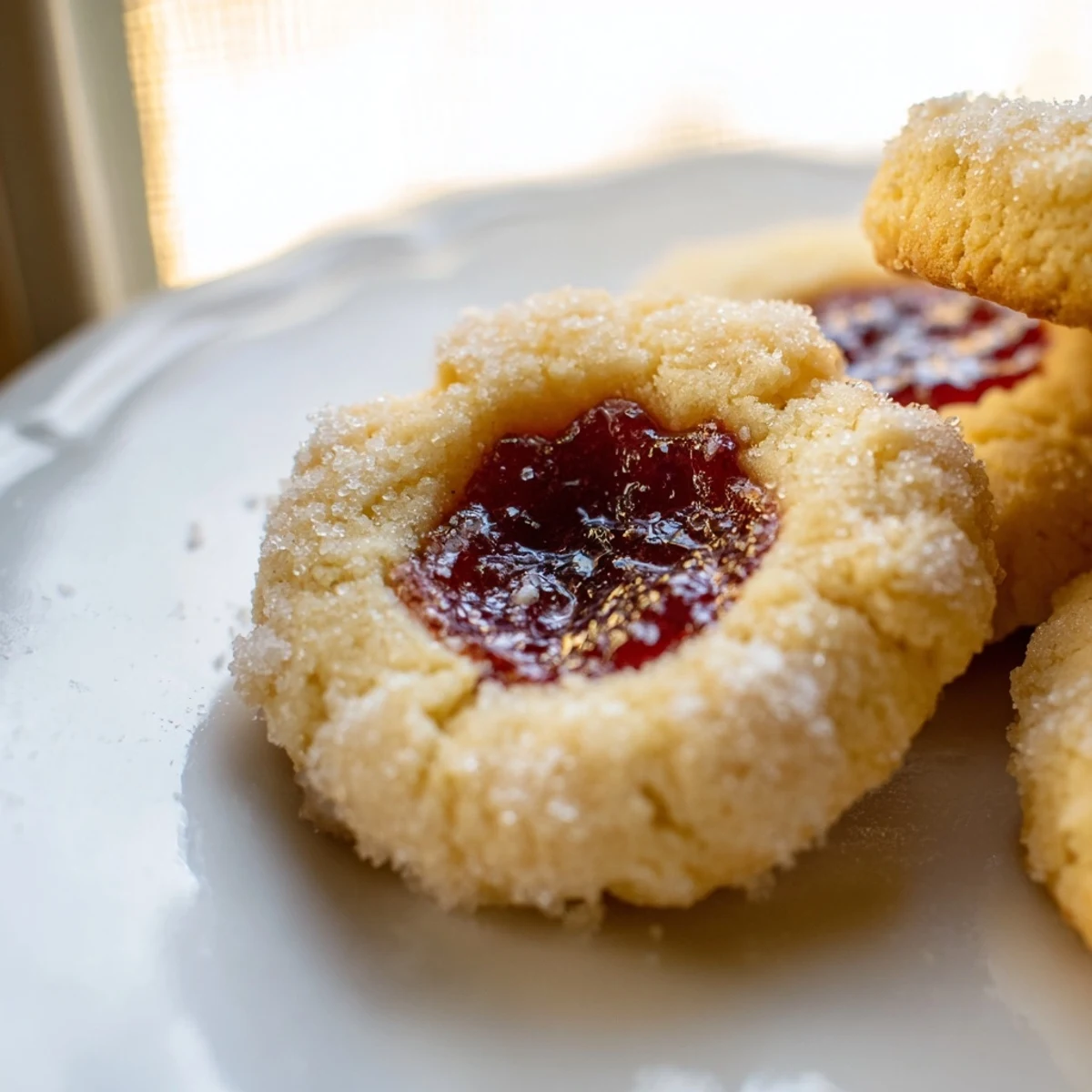 Golden flower jam thumbprint cookies with jewel-like centers on a rustic white plate