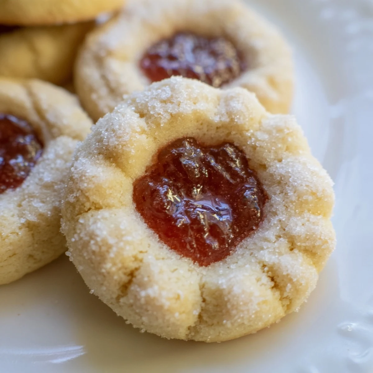 Buttery flower jam thumbprint cookies dusted with powdered sugar ready for serving