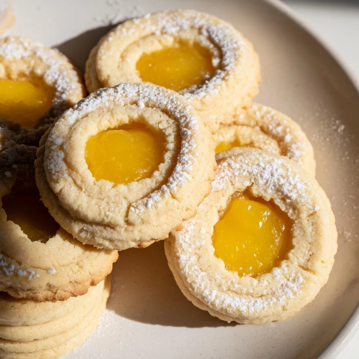 Golden lemon curd cookies with tangy filling nestle on a rustic white ceramic plate.