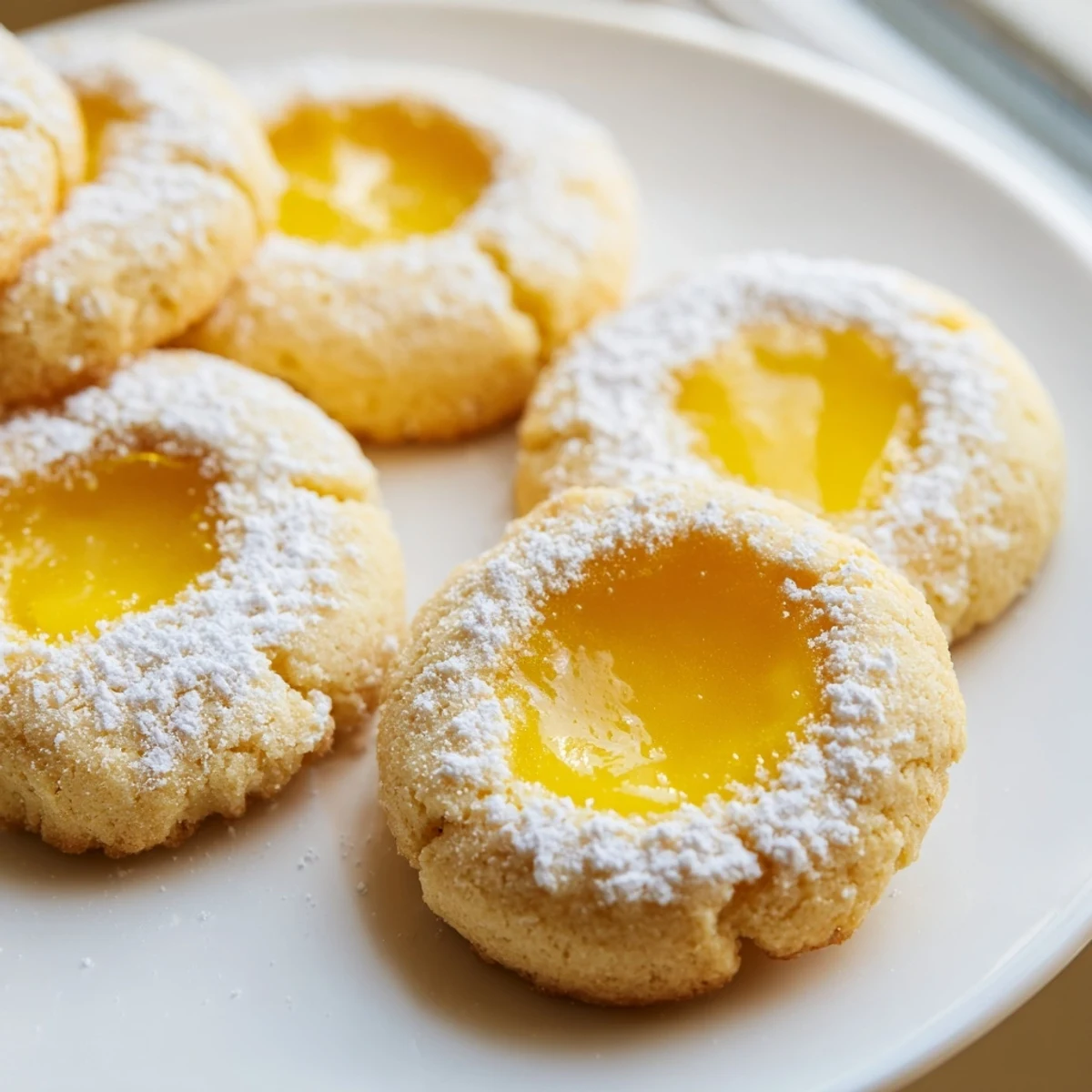 Buttery lemon curd cookies dusted with powdered sugar showcase bright citrus centers on display.