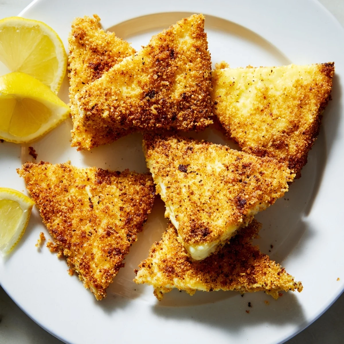 Golden crispy Greek fried cheese sizzling in skillet with fresh lemon wedges nearby