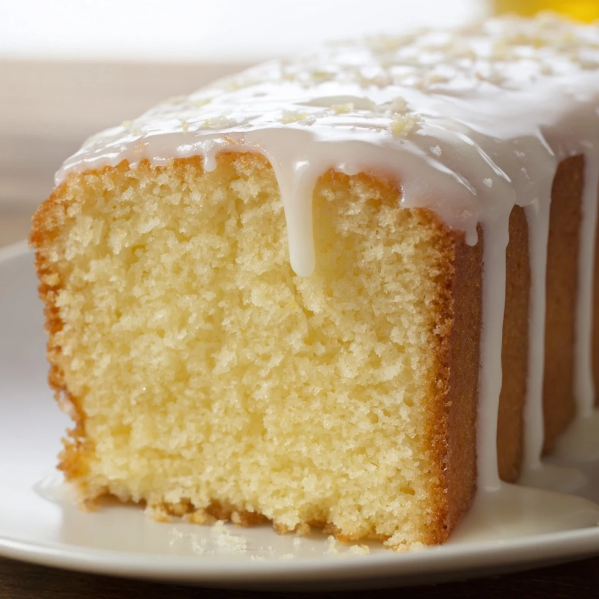 Golden church cake with vanilla glaze drizzled over a moist, tender sponge ready for slicing