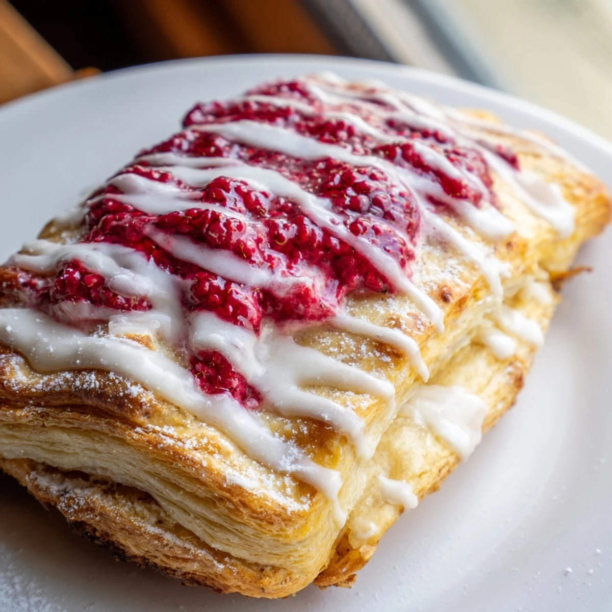 Golden Sourdough Discard Raspberry Cream Cheese Danishes drizzled with sweet vanilla glaze on a rustic baking sheet