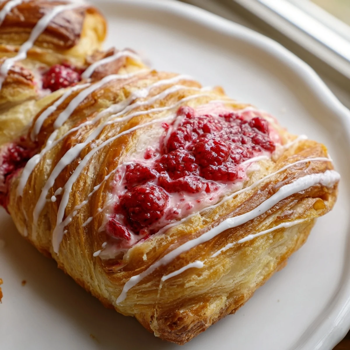Flaky pastries filled with tangy cream cheese and bright red raspberries, perfect for a weekend brunch spread