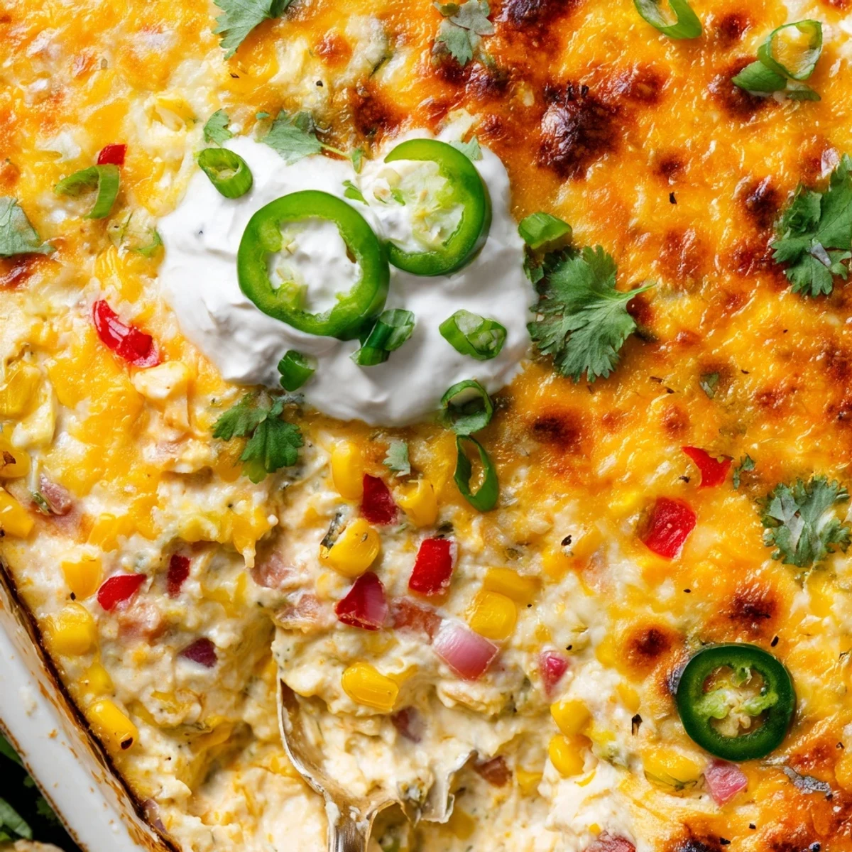 Golden baked jalapeno cowboy cream cheese dip topped with fresh cilantro and melted cheese