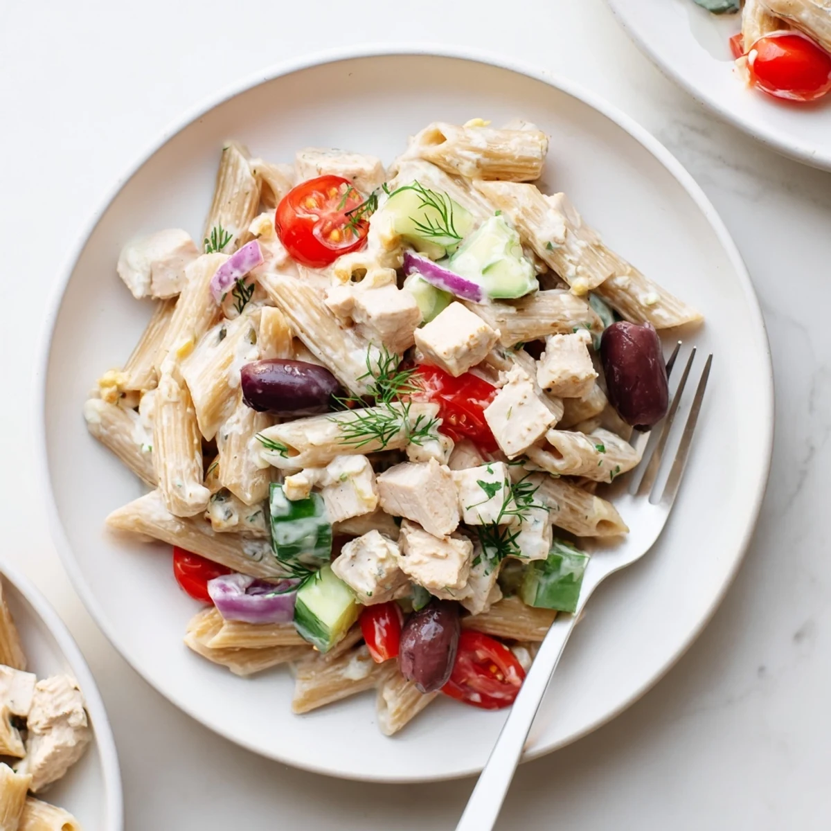 High Protein Greek Pasta Salad in a white bowl with colorful vegetables and creamy feta cheese