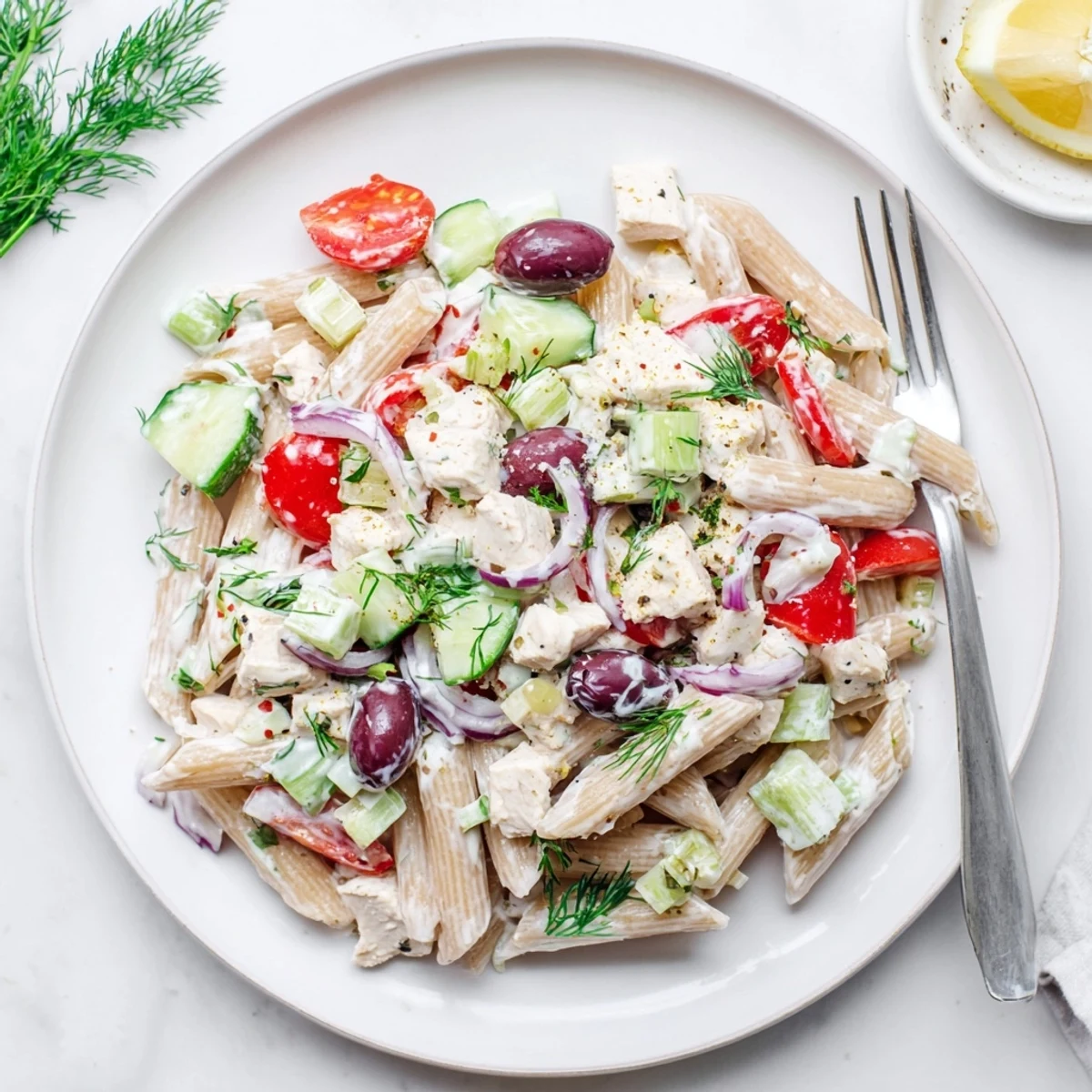 Bright High Protein Greek Pasta Salad topped with olives tomatoes and cubed feta cheese