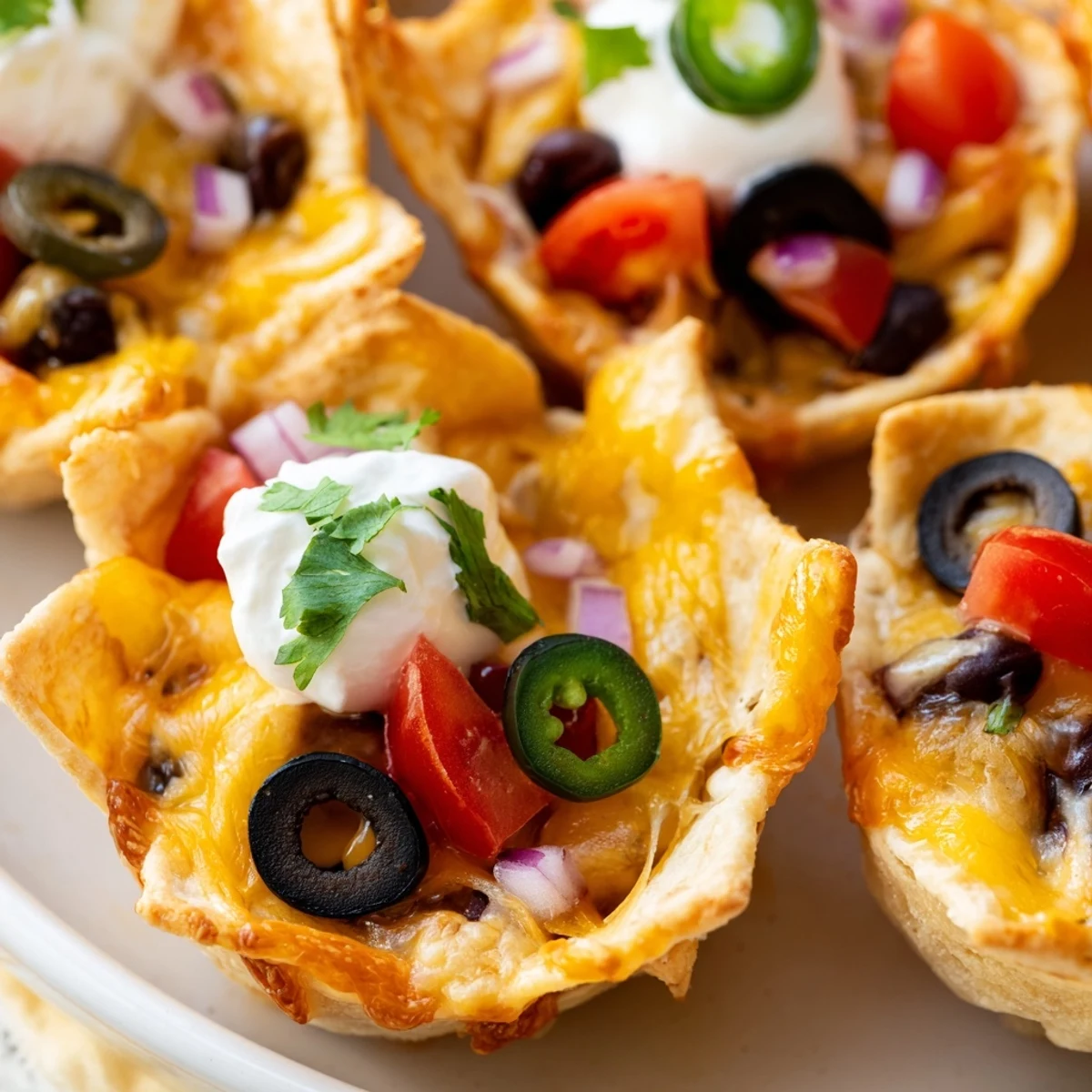 Golden cheesy nacho cups with melted cheddar and colorful toppings in a mini muffin tin