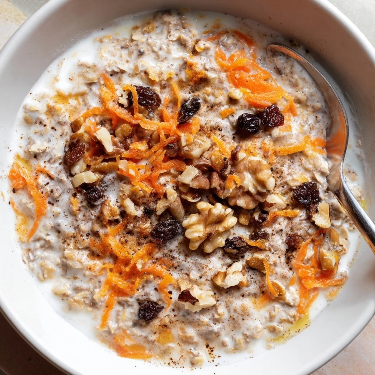 Creamy carrot cake overnight oats topped with crunchy walnuts in a glass jar
