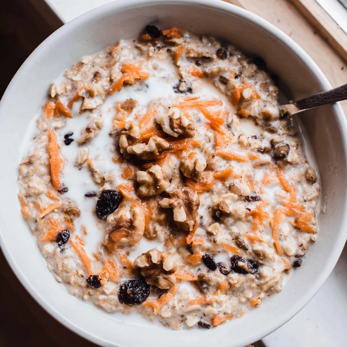 Carrot cake overnight oats with grated carrots, raisins, and a cinnamon sprinkle