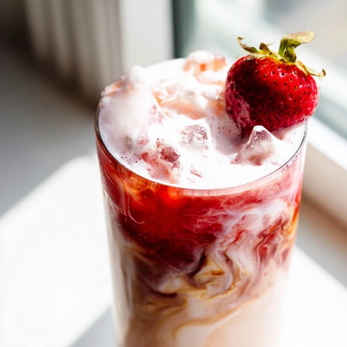 Creamy strawberry cold latte served over ice with fresh berry garnish and whipped cream topping