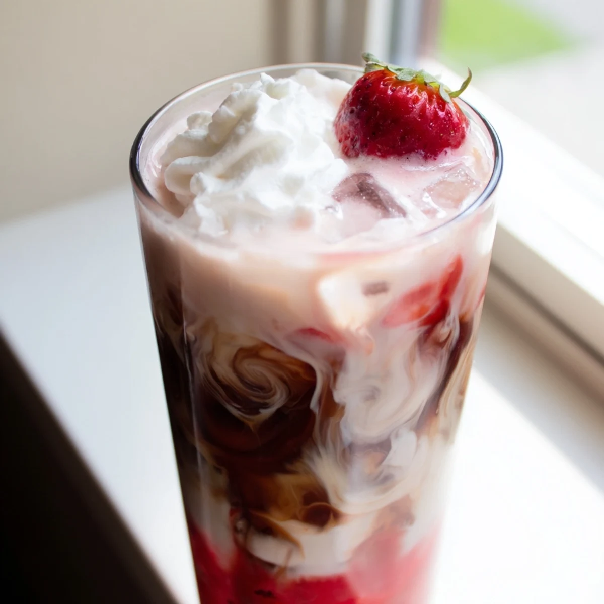 Refreshing strawberry cream cold latte in a tall glass showing beautiful marbled coffee layers