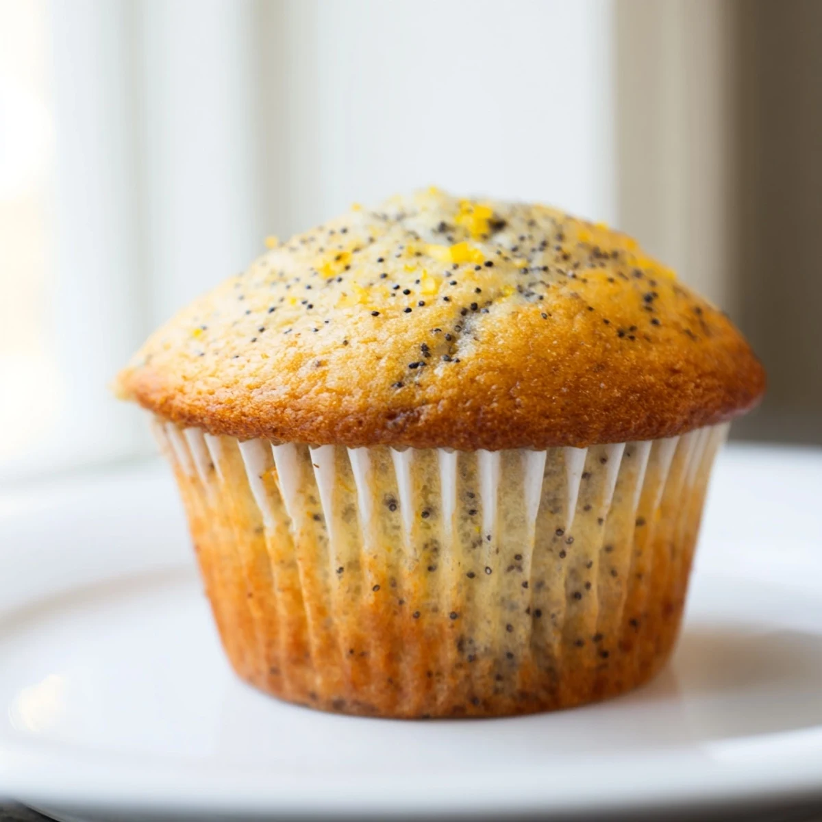Moist lemon poppy seed muffins topped with sparkling sugar served on a rustic ceramic plate.