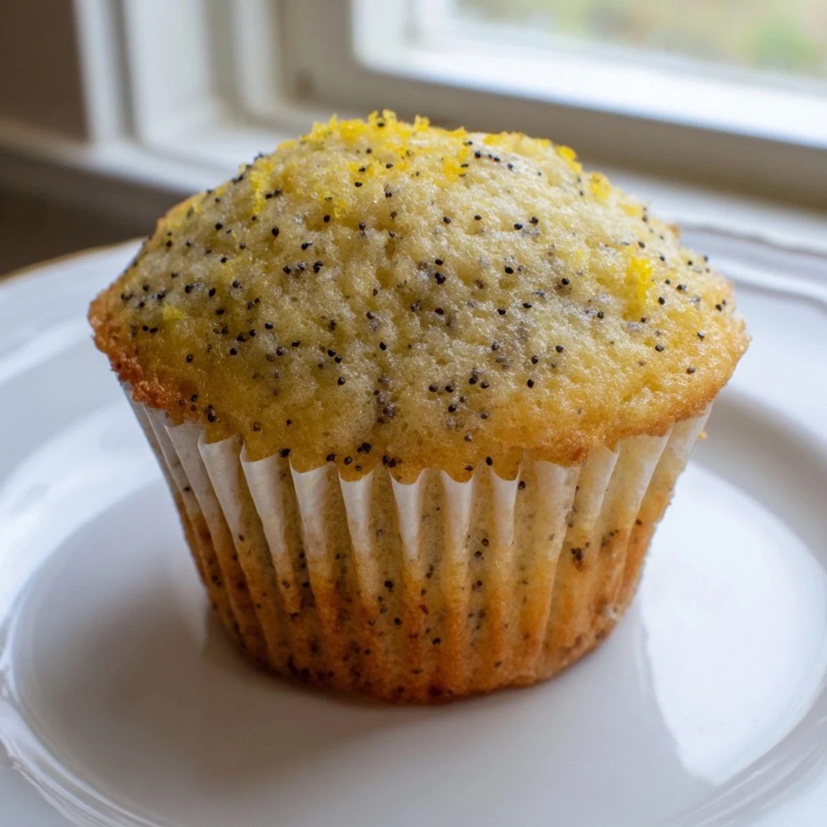Golden lemon poppy seed muffins with domed tops fresh from the oven on a cooling rack.