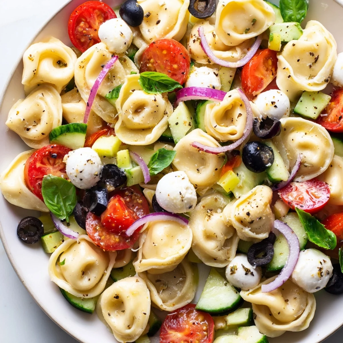 Colorful tortellini salad tossed with crisp vegetables and zesty Italian dressing in a serving bowl