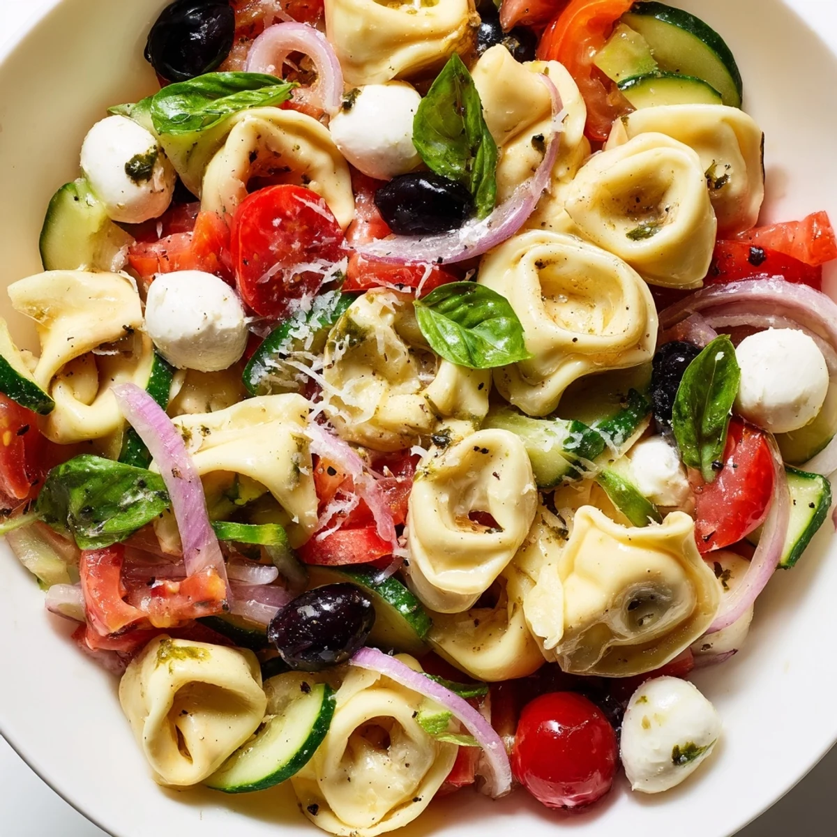 Creamy cheese tortellini salad featuring ripe cherry tomatoes, cucumber, and fresh mozzarella balls