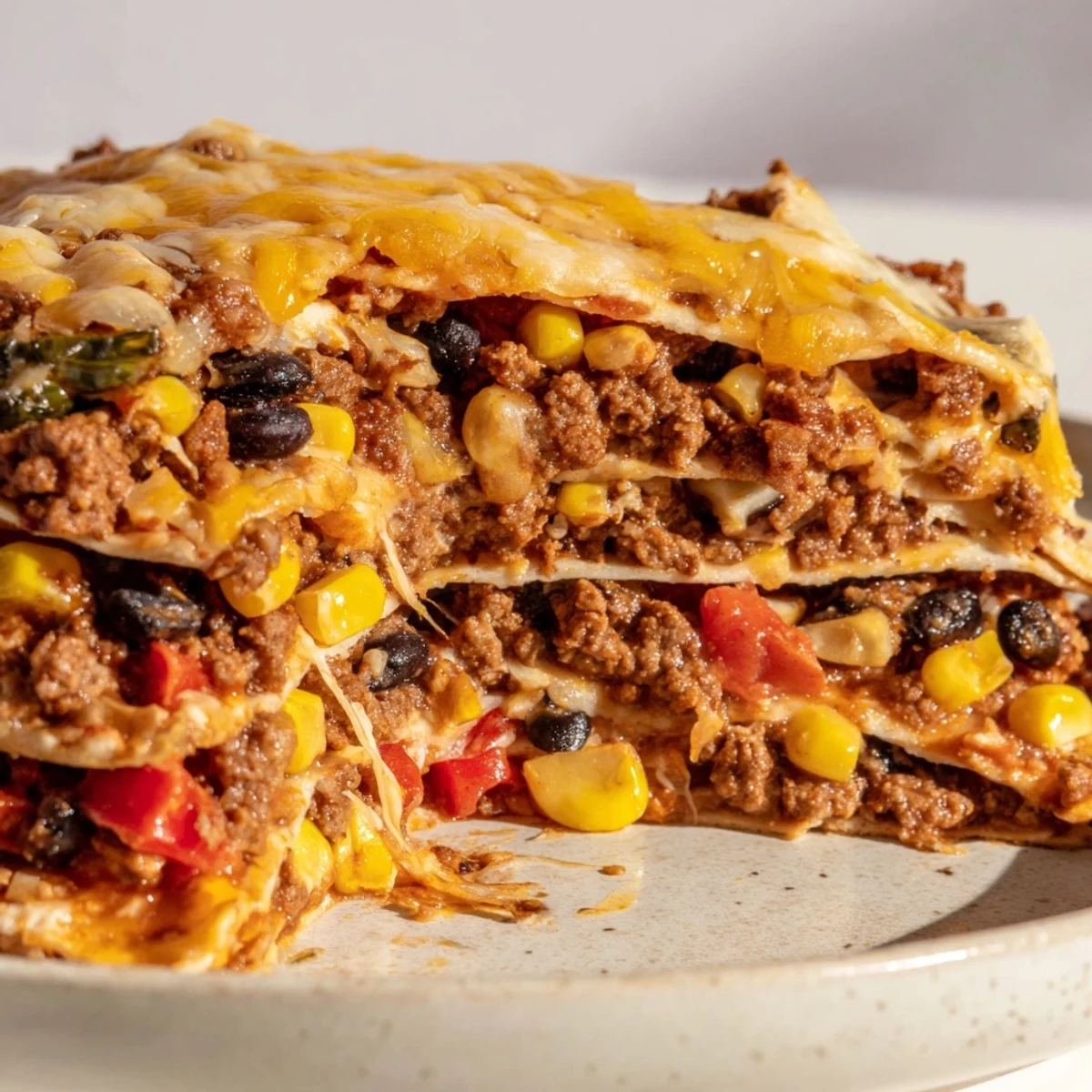 Golden bubbling Mexican lasagna with melted cheese and spicy beef layered between soft tortillas