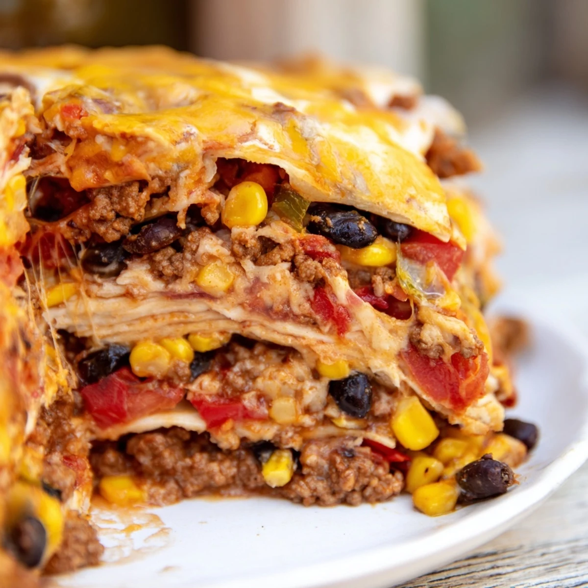 Mexican lasagna fresh from the oven showcasing layers of seasoned meat, beans, and melted cheese