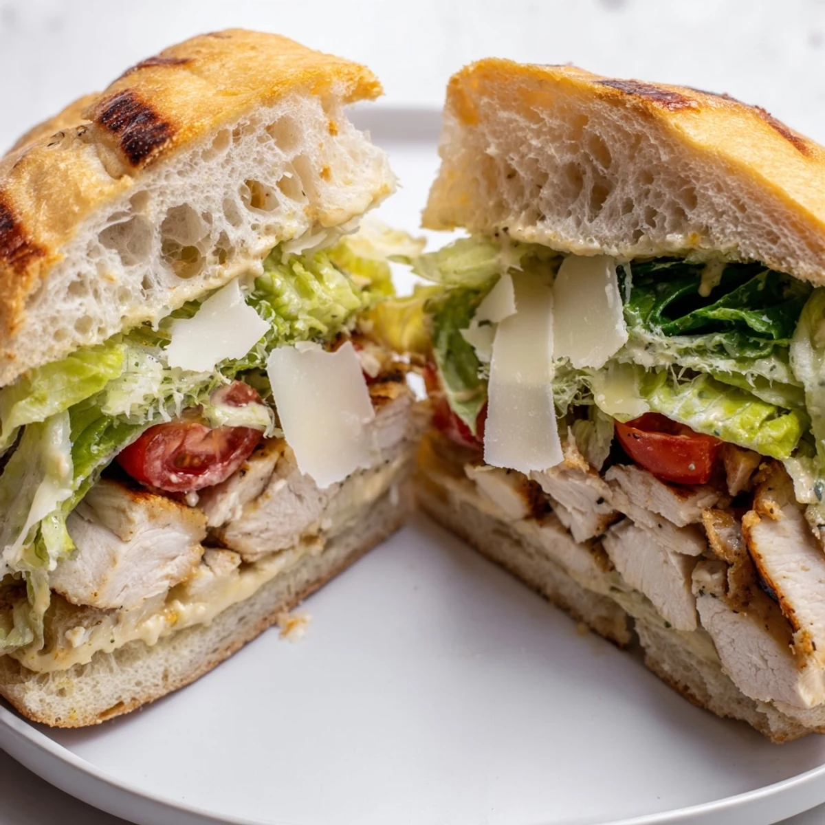 Golden toasted ciabatta holds juicy grilled chicken and crisp romaine in this Chicken Caesar Sandwich.