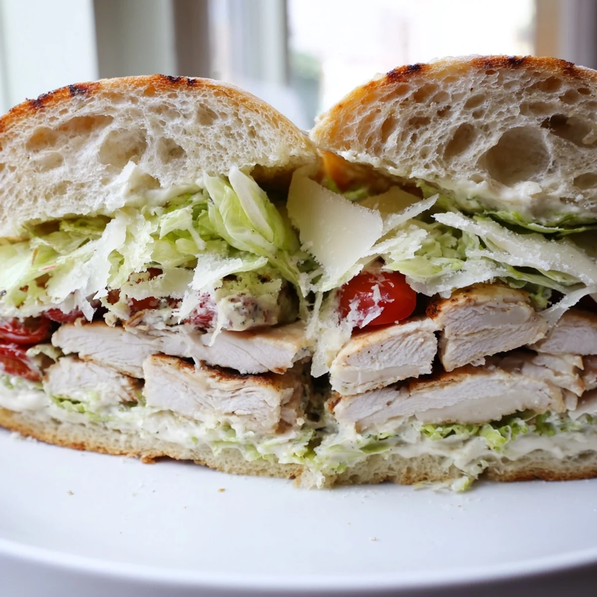 Grilled chicken layered with creamy Caesar dressing and fresh romaine on a crusty Chicken Caesar Sandwich.