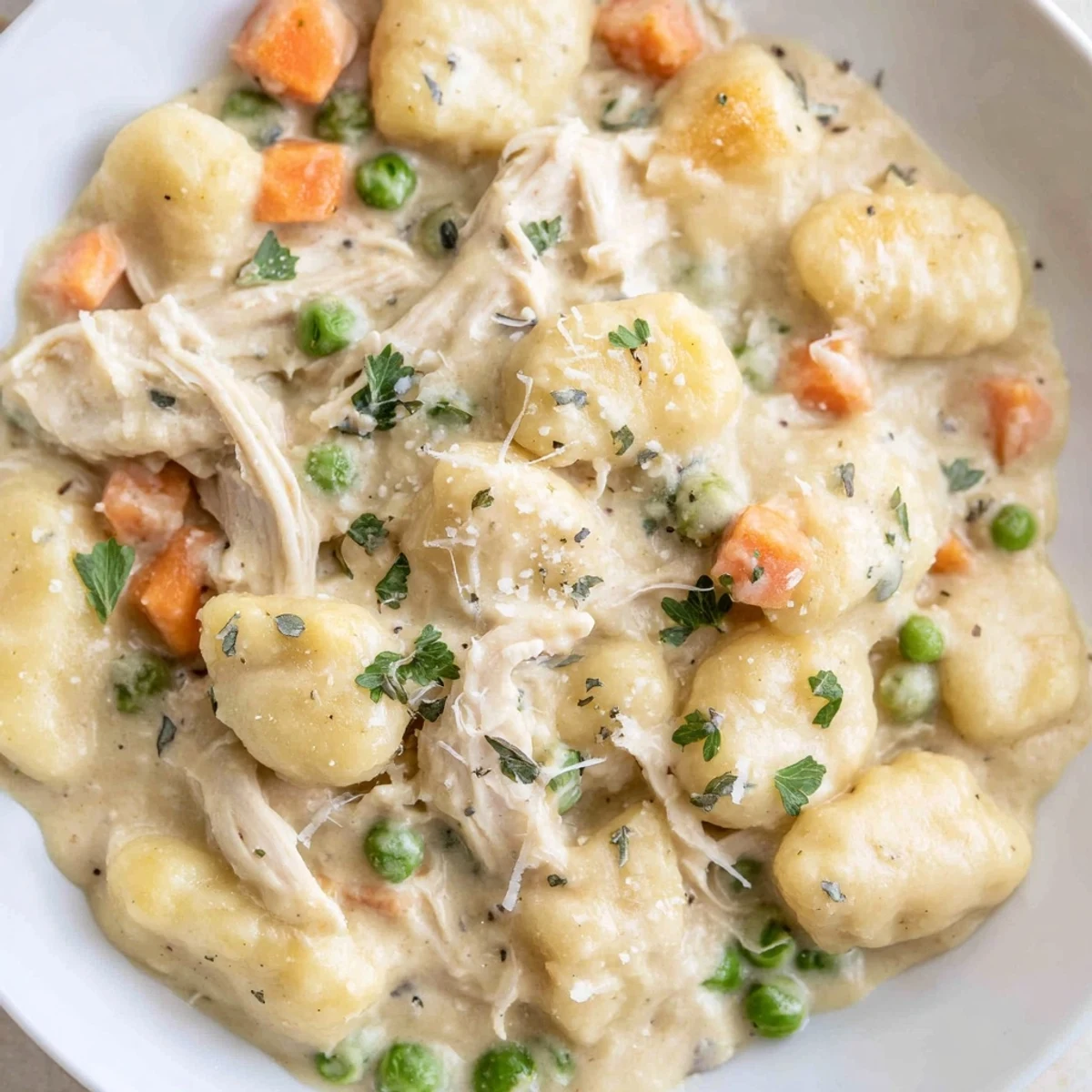 Creamy one pot gnocchi chicken pot pie in a rustic skillet with golden sauce