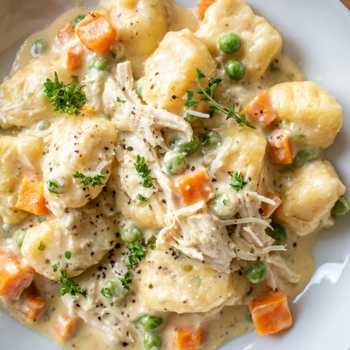 One pot gnocchi chicken pot pie with tender vegetables and pillowy potato dumplings