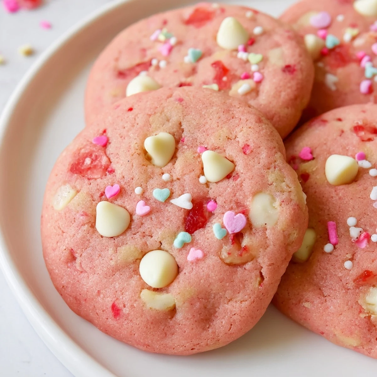 Soft pink Valentine Strawberry Cookies with white chocolate chips on a rustic baking sheet