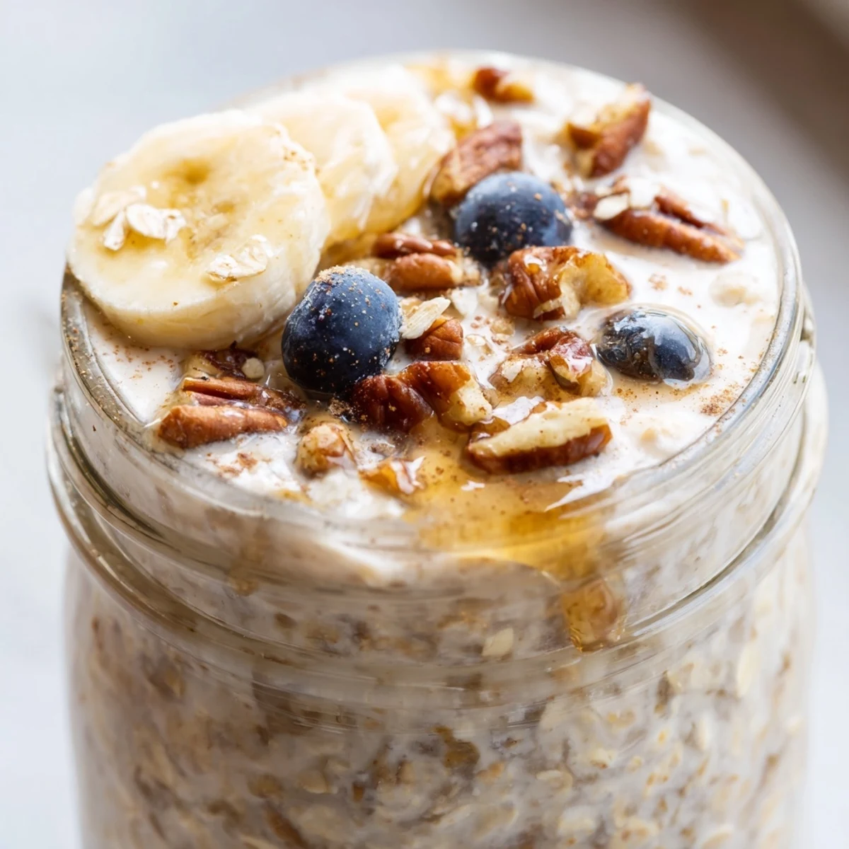 Creamy Maple Cinnamon Pecan Overnight Oats served in a glass jar topped with chopped nuts and a drizzle of golden syrup