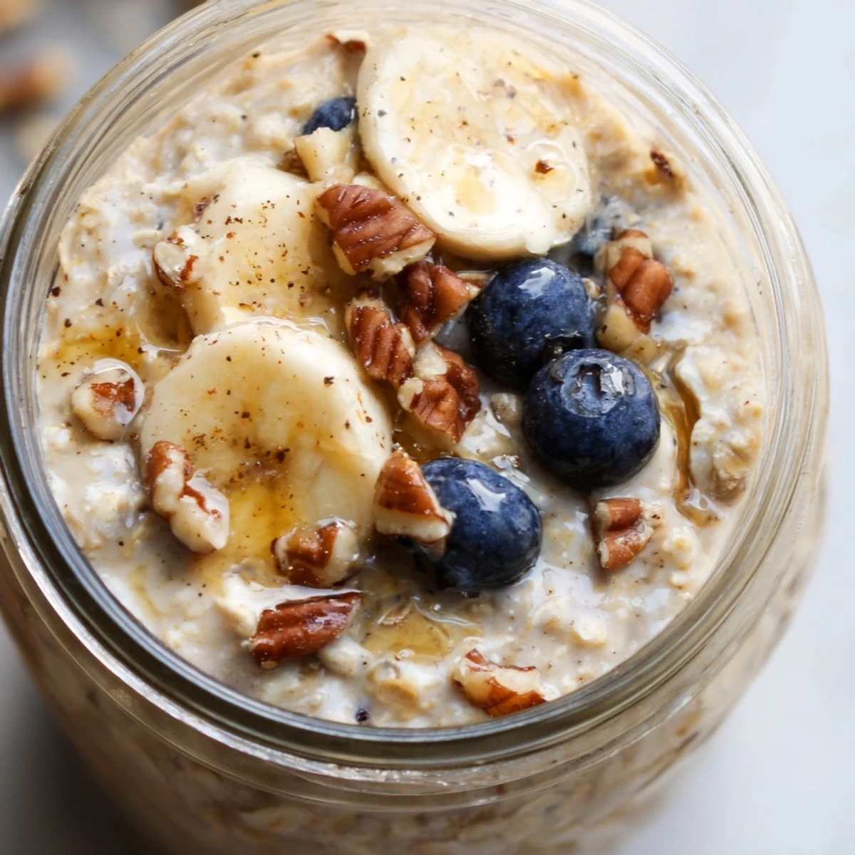 Thick Maple Cinnamon Pecan Overnight Oats layered with crunchy toasted pecans, a dusting of warm cinnamon, and fresh berries