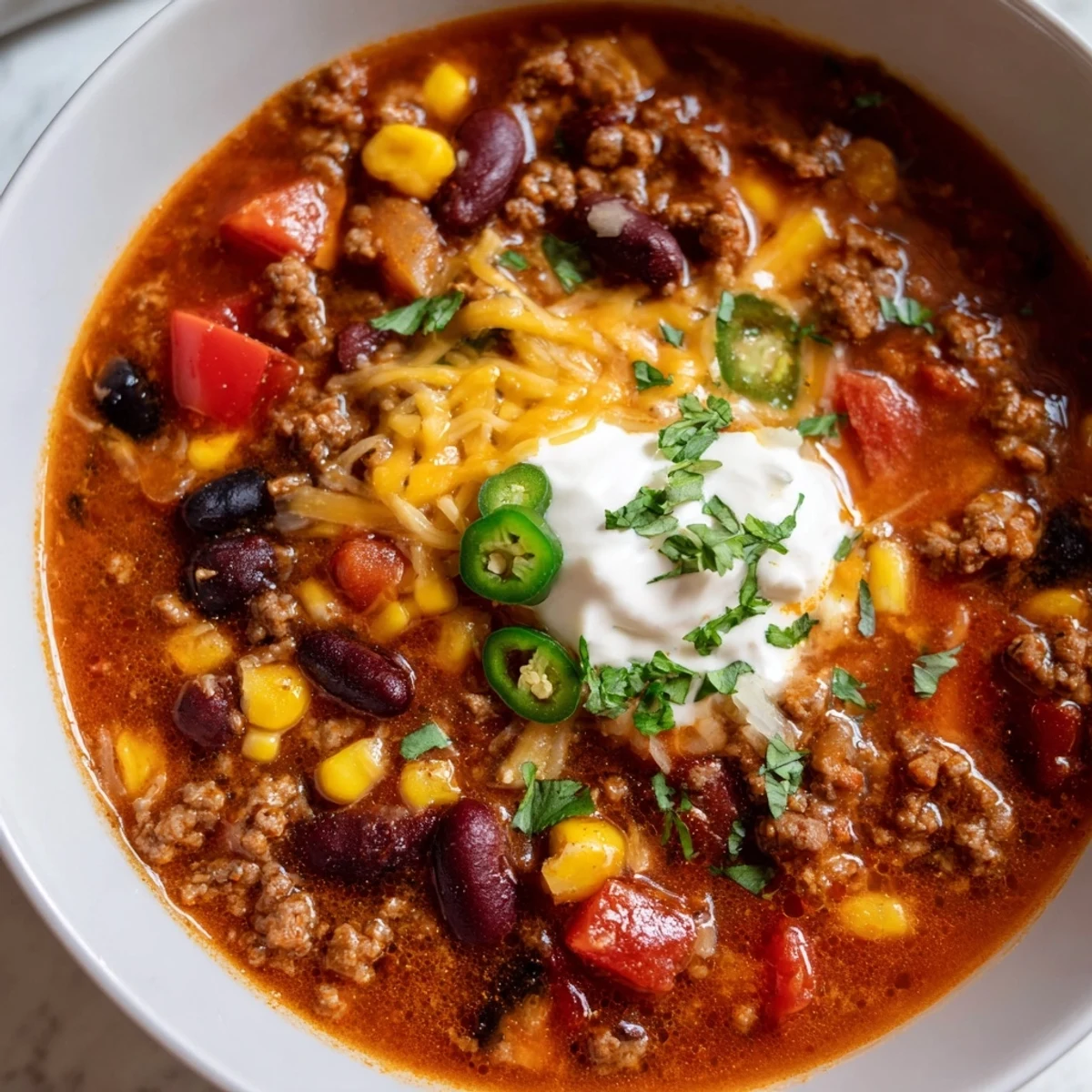 Steaming bowl of Crockpot Ground Beef Taco Soup topped with melted shredded cheese and crispy tortilla strips
