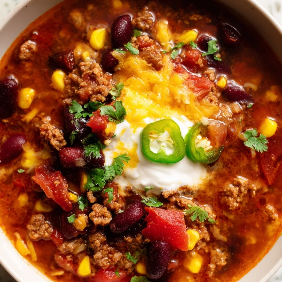 Hearty Crockpot Ground Beef Taco Soup loaded with tender beans, sweet corn, and savory beef broth