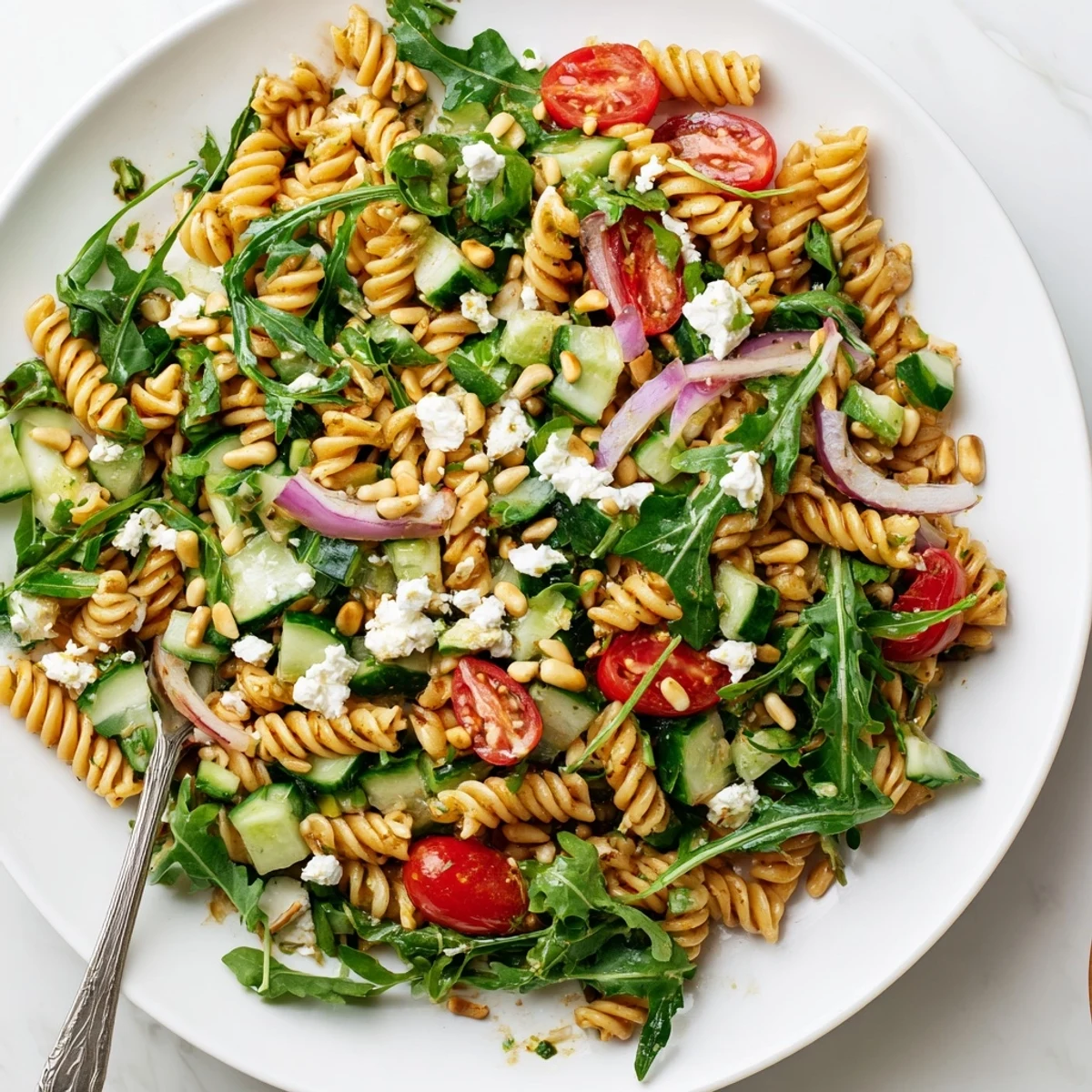 Vibrant lemon arugula pasta salad in a white bowl with cherry tomatoes and crumbled feta cheese