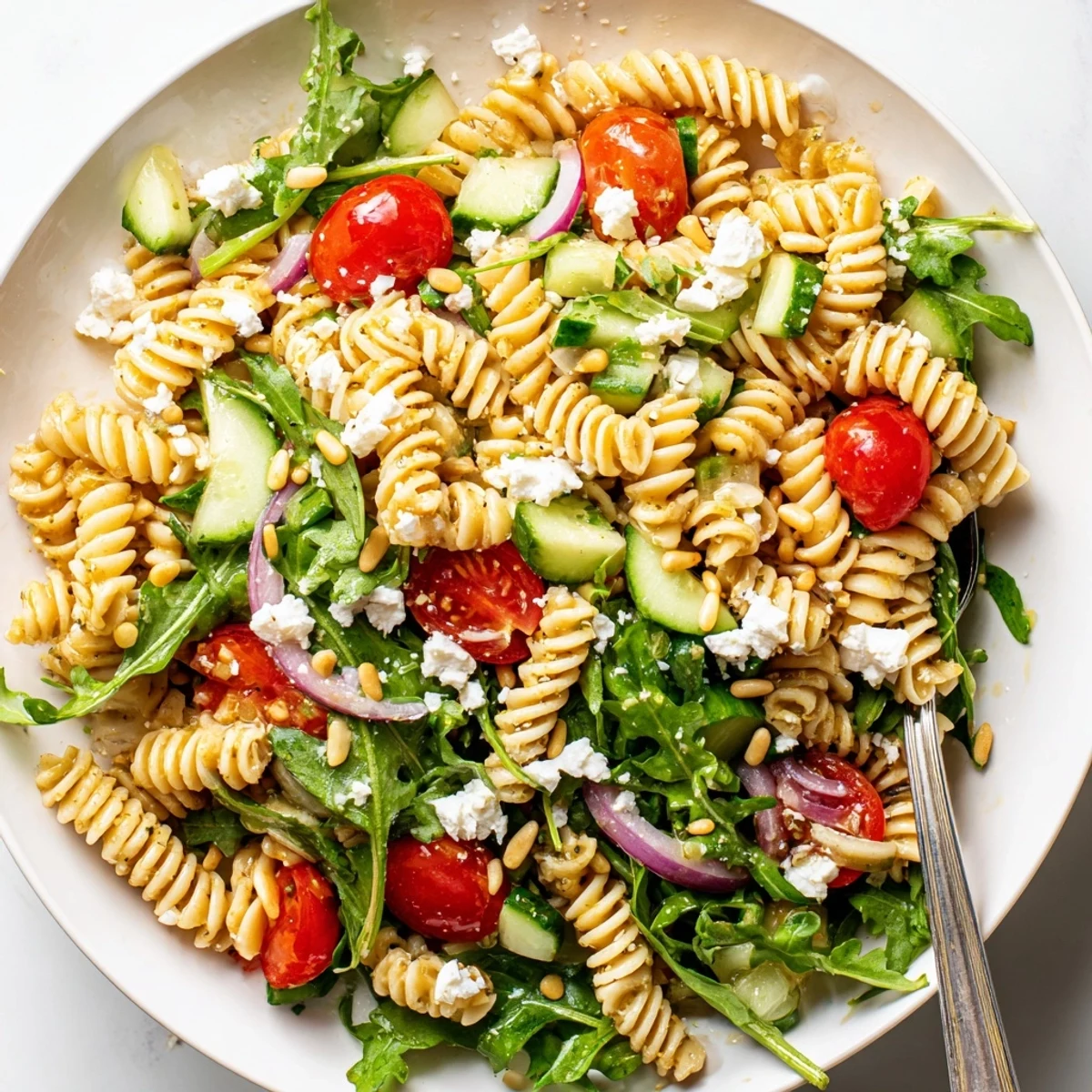 Fresh lemon arugula pasta salad tossed with peppery greens and tangy citrus vinaigrette dressing