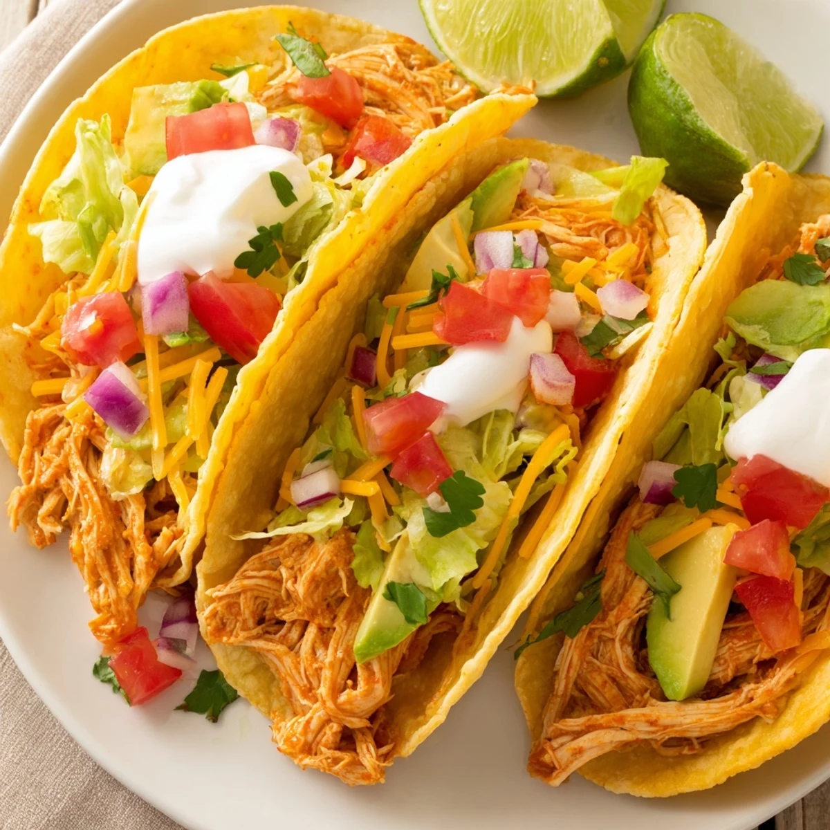Juicy slow cooker shredded chicken tacos loaded with melted cheese and fresh avocado slices