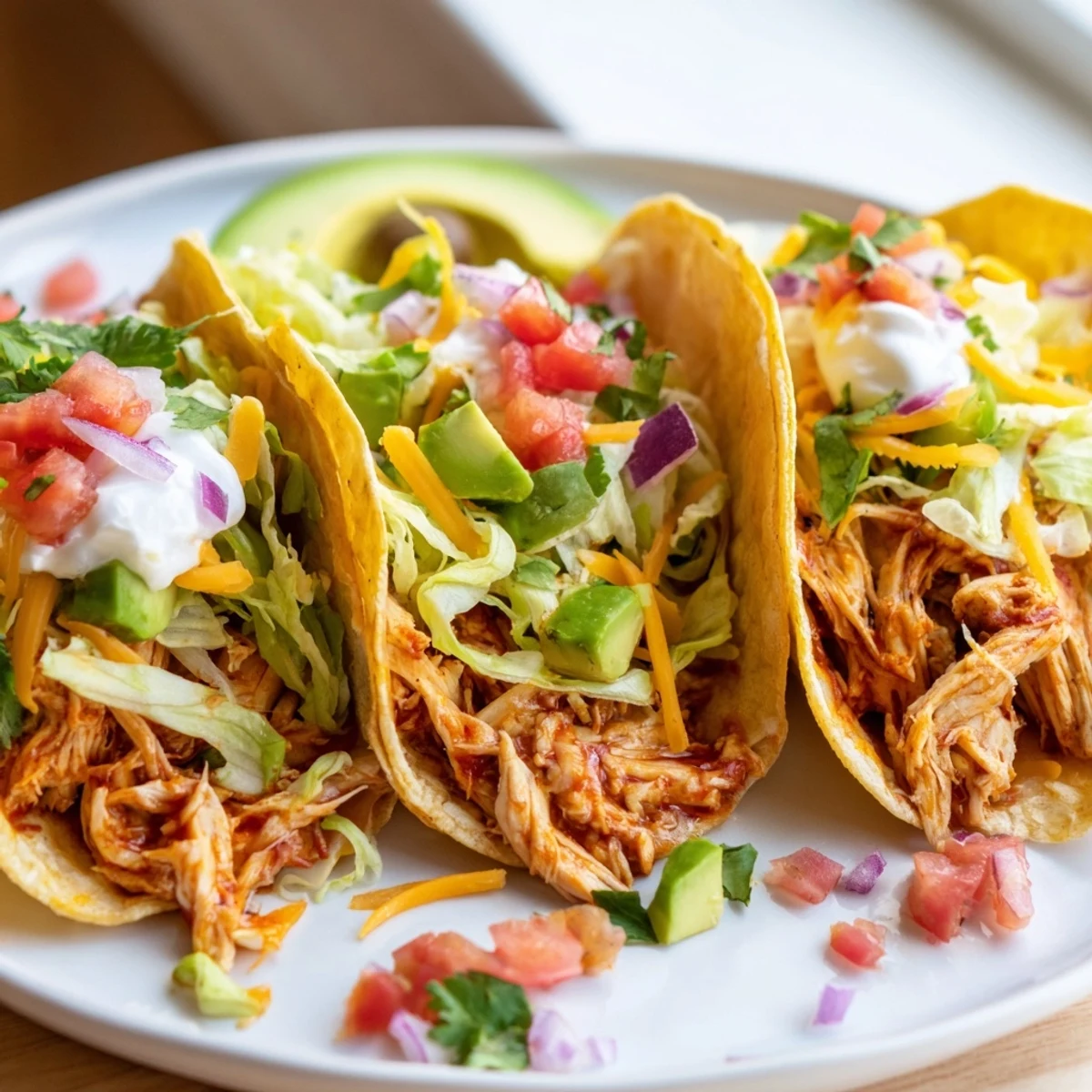Hearty slow cooker shredded chicken tacos topped with crisp lettuce, diced tomatoes, and cilantro