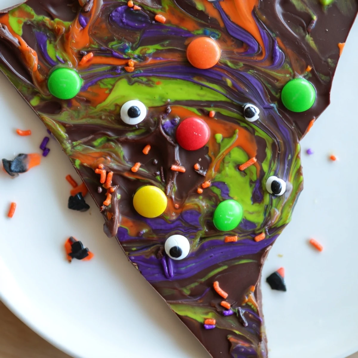 Rich Melting Witches Bark studded with candy eyes and vibrant marbled chocolate