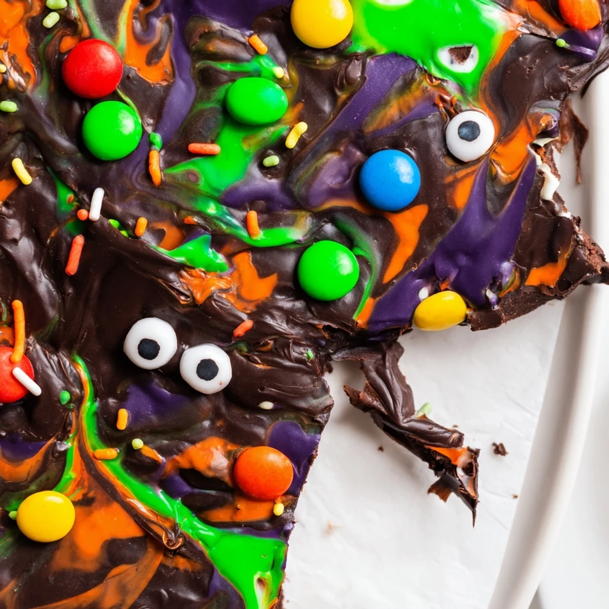 Melting Witches Bark with swirled chocolate, candy eyes, and colorful Halloween sprinkles