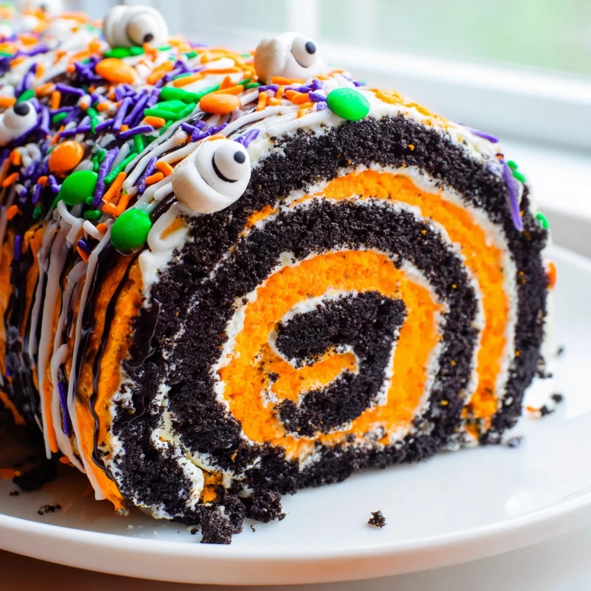 A slice of Halloween Oreo Roll showing a swirled purple and cream filling with candy eyes on top