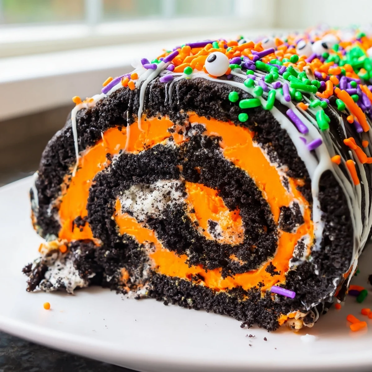Halloween Oreo Roll chilled and drizzled with chocolate, topped with festive orange and black sprinkles