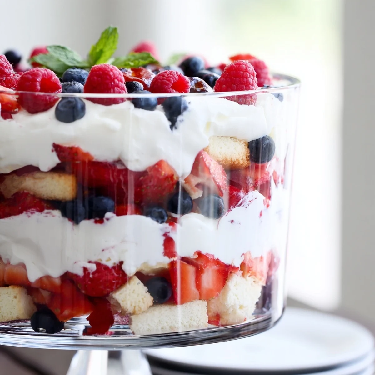 Creamy Red White Blue Mixed Berry Yum Yum layered with fresh strawberries and blueberries in a trifle bowl
