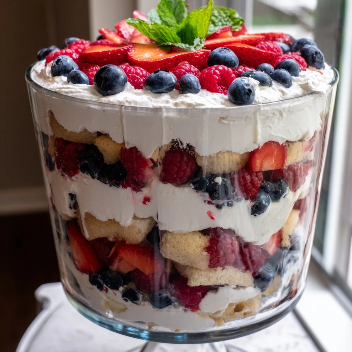 Red White Blue Mixed Berry Yum Yum topped with juicy raspberries and crushed shortbread in individual glasses