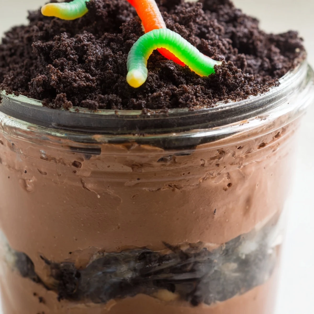 Rich chocolate dirt pudding topped with cookie crumbs and colorful candy worms for parties