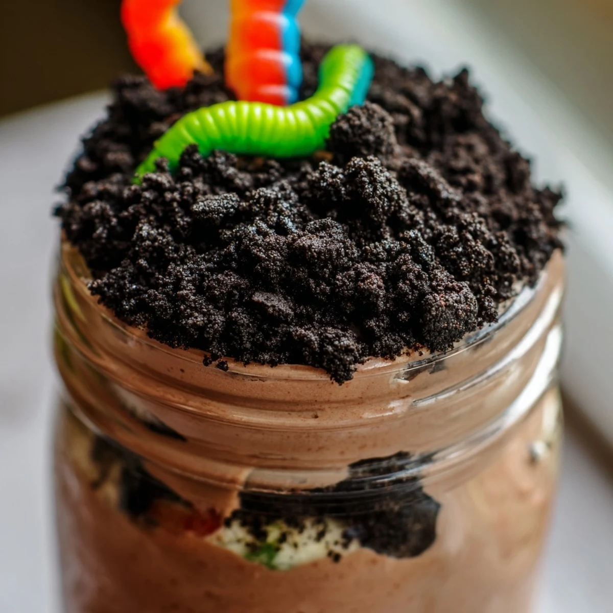 Creamy dirt pudding layered with crushed cookies and playful gummy worms in individual cups