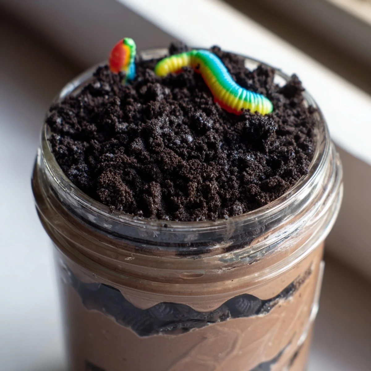 Whimsical dirt pudding dessert featuring velvety chocolate layers and Oreo cookie dirt with gummies
