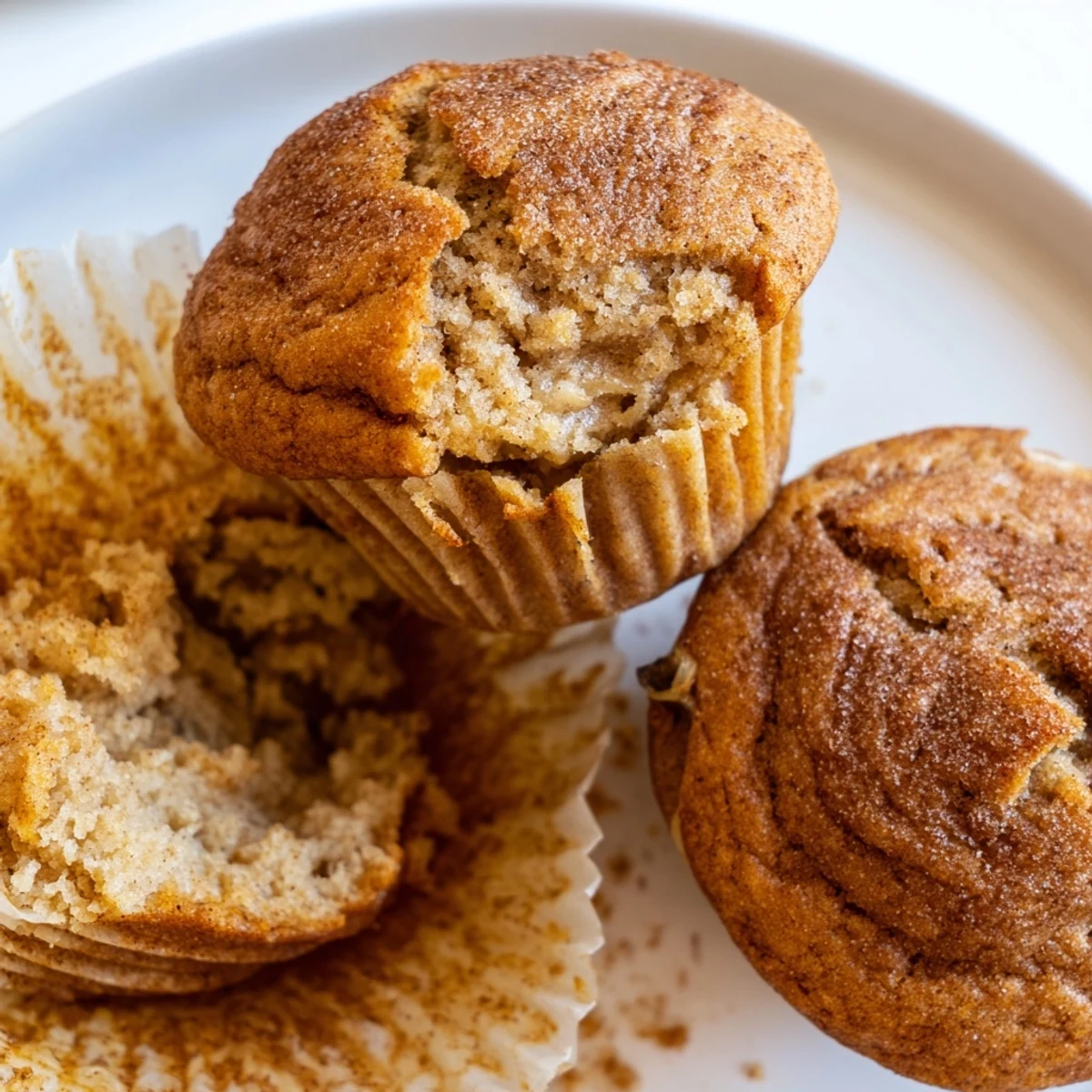 Soft banana muffins in paper liners dusted with warm cinnamon sugar