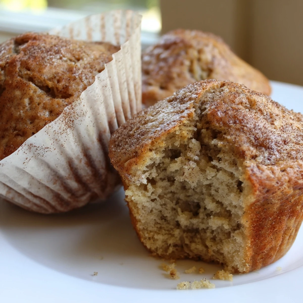 Moist banana muffins split open revealing a tender fluffy cinnamon-spiced crumb