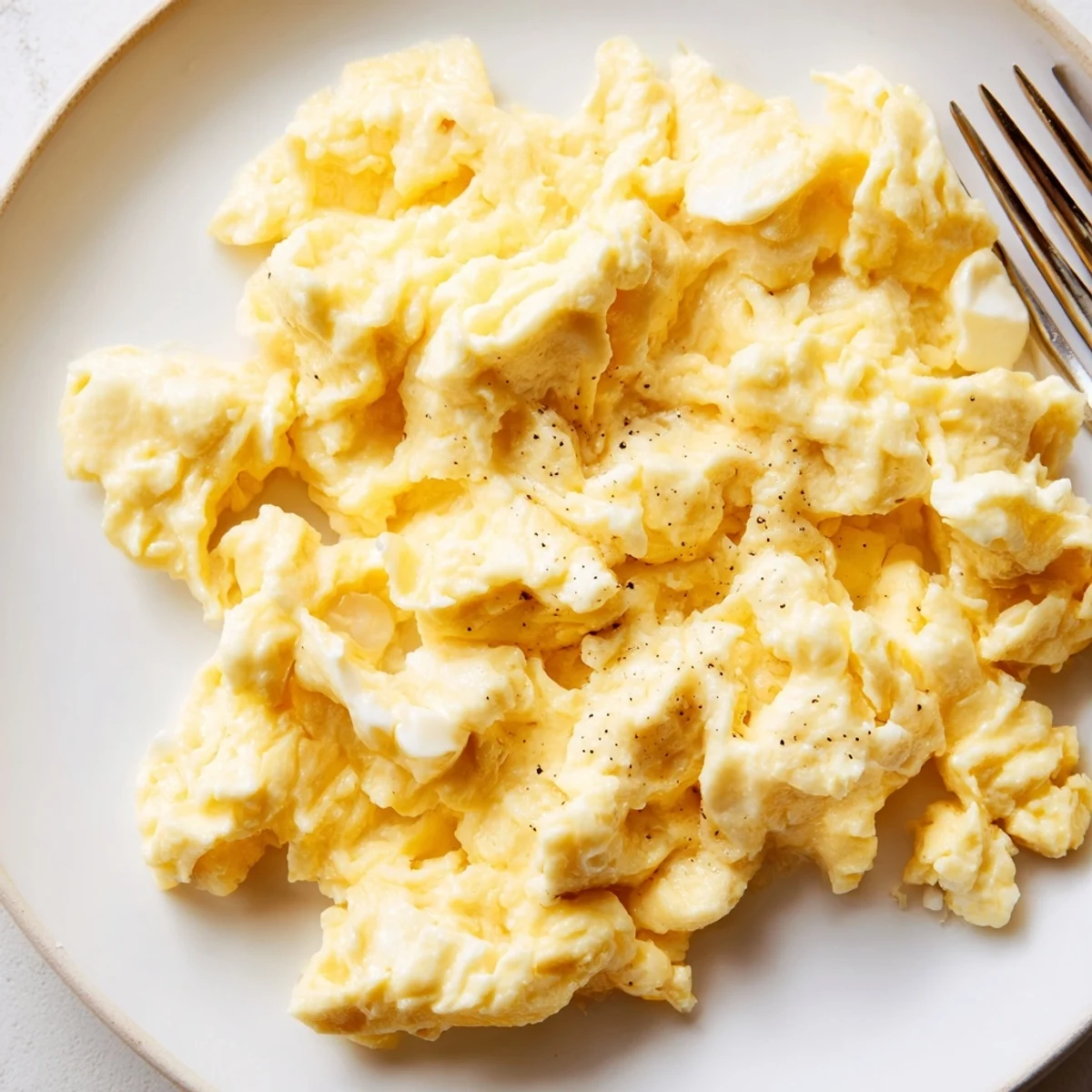 Creamy scrambled eggs piled on a white plate with buttery golden curds