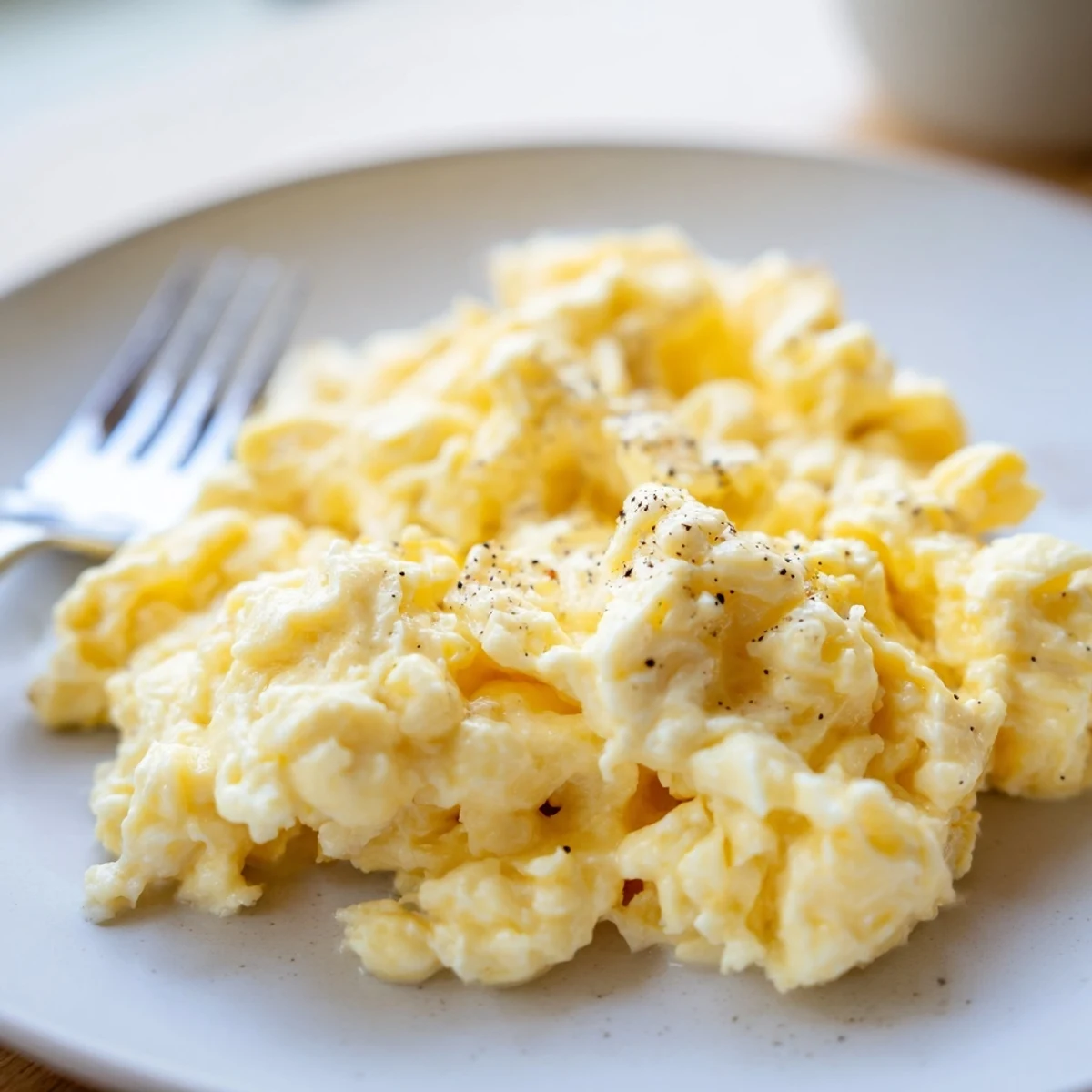 Fluffy scrambled eggs garnished with fresh chives served alongside crispy toast